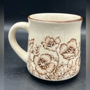 Vintage Floral Stoneware Coffee Mug in tan and Brown
